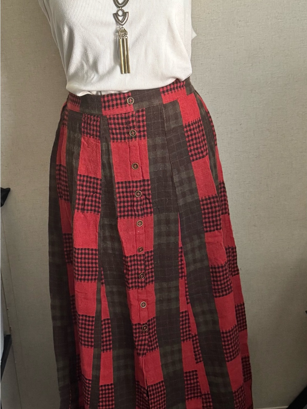 Mystree Red and Brown Patchwork Button-Front Maxi Skirt